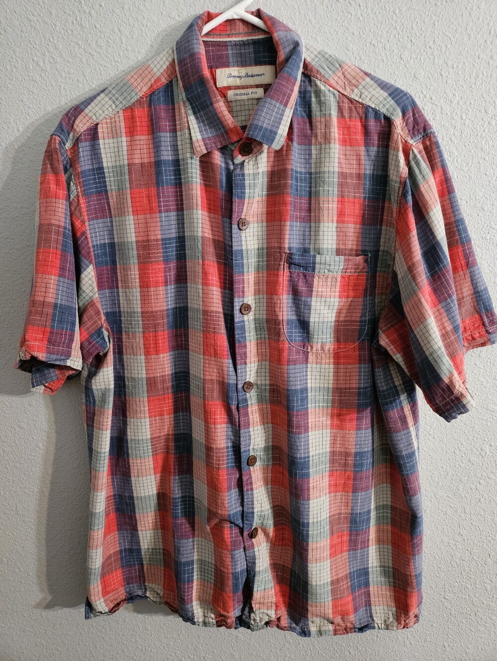 Tommy Bahama Red, Blue & Cream Plaid Short-Sleeve Button-Up Silk Shirt, Large